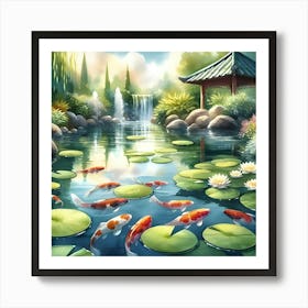 Serene Koi Fish Pond With Lily Pads, Watercolor Painting 3 Art Print