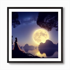 A romantic and enchanting moonlit scene with a silhouetted couple2 Art Print