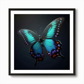 A Stunning Digital Painting of a Vibrant Blue and Green Butterfly with Intricate Wing Patterns, Set Against a Dark Background, Creating a Mesmerizing and Lifelike Representation of Nature's Beauty. Art Print