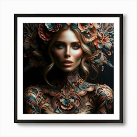 Beautiful Woman With Flowers On Her Head Art Print