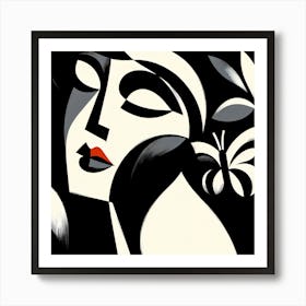 Elegant Abstract Portrait with Red Lips and Butterfly Art Print