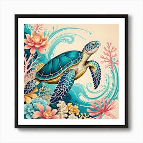 The Sea Turtle, Turquoise, Blue, Yellow and Pink Art Print