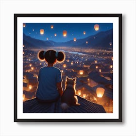 Little girl and her little dog looking at the night sky Art Print