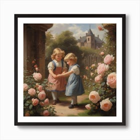 Two Little Girls In A Garden Art Print