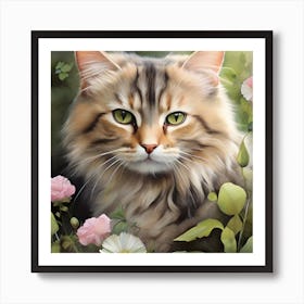 Cat In Flowers 1 Art Print