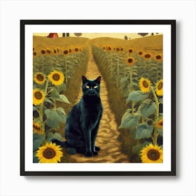 Gustav Klimt Inspired , Farm Garden With Sunflowers And A Black Cat 9 Art Print