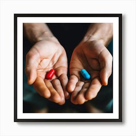 Hands Holding red and blue Pill 1 Art Print