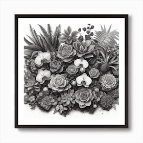 A Garden of Art: A Realistic and Textured Drawing of a Botanical Garden with Different Types of Flowers and Plants Art Print