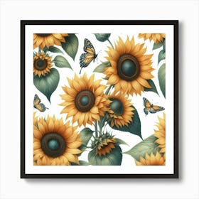 Sunflowers And Butterflies Art Print