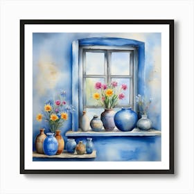 Blue wall. Open window. From inside an old-style room. Silver in the middle. There are several small pottery jars next to the window. There are flowers in the jars Spring oil colors. Wall painting.49 Art Print