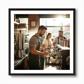 Barista Swiftly Spinning Pouring Water Into A Gleaming Espresso Machine Amidst Morning Rush In Bu (6) Art Print