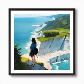 Colorful Illustration With A Young Girl Wandering And Standing At A Cliff Overlooking The Ocean Art Print