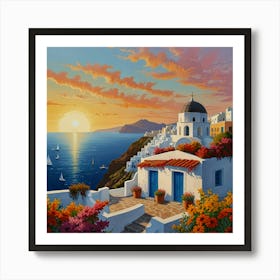 Sunset In Santorini Art Print
