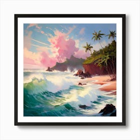 Tropical Island Under Assault By Huge Waves Cascading Onto The Shore Art Print