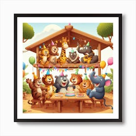 Birthday Party In The Jungle - A group of jungle animals are having a party in a treehouse. The animals are all different shapes and sizes, and they are all wearing funny hats and costumes. The treehouse is decorated with balloons and streamers, and there is a big cake in the middle of the table. The animals are all laughing and having a good time. 3 Art Print