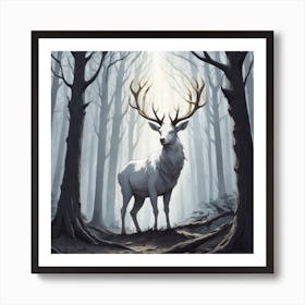 A White Stag In A Fog Forest In Minimalist Style Square Composition 47 Art Print