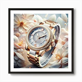 Diamond Encrusted Gold Watch With White Flowers Art Print