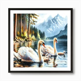 Swan Family in Mountain Lake Color Painting - Wild Bird Artwork 139 Art Print