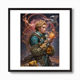 (4)The image depicts a young woman with long blonde hair, wearing a green and brown outfit, holding a glowing orb in her hands. She is standing in front of a celestial background with a crescent moon and stars, and a seagull is flying in the sky above her. Art Print