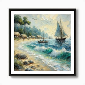 Sailboats On The Beach, Acrylic Painting Style Art Print