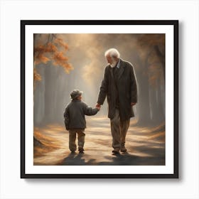An old man walks with his grandson in a beautiful and attractive scene Art Print