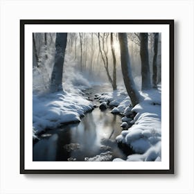 Snow Covered Banks of the Woodland Stream in Winter 2 Art Print