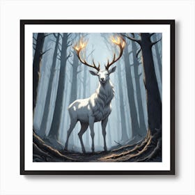 A White Stag In A Fog Forest In Minimalist Style Square Composition 11 Art Print