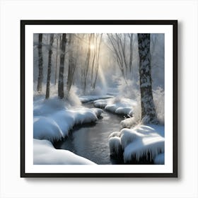 Sunlight on the Woodland Stream, Frozen Snow Icicles on Grassy Banks Art Print