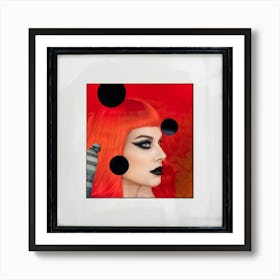 Side Profile Of A Woman With Rhubarb Hued Hair Black Circles Like Eyes Surrounded By Surreal Eleme Art Print