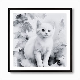 Black and White White Cat In Autumn Leaves Art Print