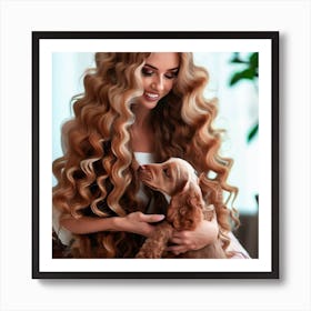 Beautiful Woman With Curly Hair And Dog Art Print
