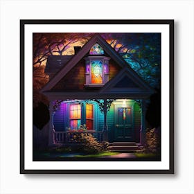 House With Rainbow Light Front, House At Night Art Print