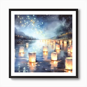 Paper Lanterns On The Water Art Print