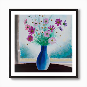 Cosmos Flowers In A Blue Vase Art Print