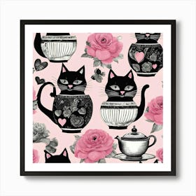 Black Cats And Roses Art Print