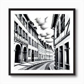 Black And White Drawing Of A Cobblestone Street Art Print