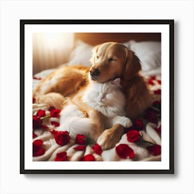 Golden Retriever And Cat 1 Art Print