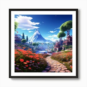 Fairytale Landscape, Tropical Landscape With Trees, blue sky, wall art, trees, flowers, and sun. good look, Art Print