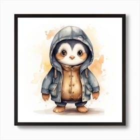 Watercolour Cartoon Penguin In A Hoodie Art Print