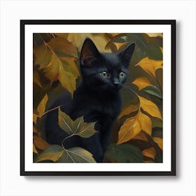 Black Kitten In Autumn Leaves 2 Art Print