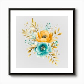 Watercolor Gold And Teal Bouquets 3 Art Print