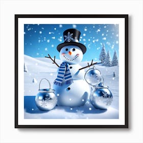 Christmas Snowman With Silver Bucket On His Head Art Print