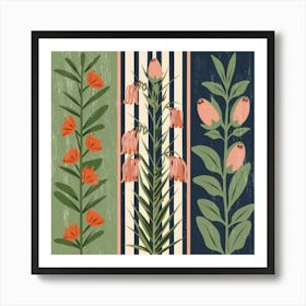 Three equal parts, each part containing a type of flowers Art Print