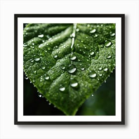 Green Leaf With Water Droplets Art Print