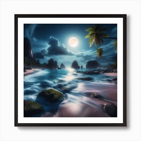 Moonlit Beach At Night Art Print