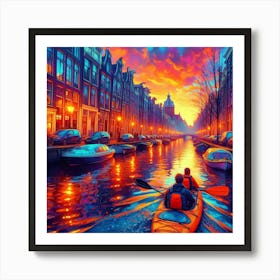 Into The Water A Kayaking Adventure Through Amsterdam S Canals At Dawn Style Neon Urban Impressionism (4) Art Print