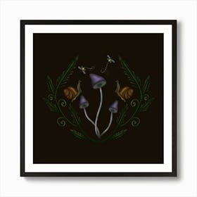 Mushroom And Snails on Black Art Print