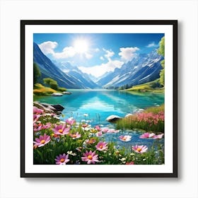 Mountain Lake With Flowers Art Print