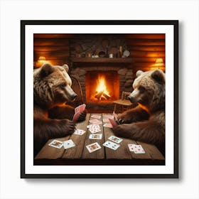 Bears Playing Cards In A Cabin Art Print