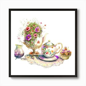 Teapot And Flowers Art Print